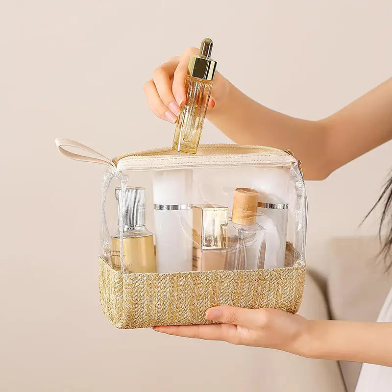 Bolsa de maquillaje colgante FashionTravel, bolsa de lavado de almacenamiento portátil de gran capacidad para organización de cosméticos, tejido de paja