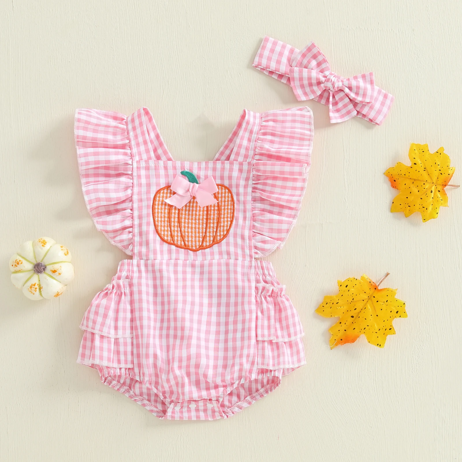 Conjunto de ropa para bebé recién nacido, traje de Halloween con volantes, sin mangas, lazo, bordado de calabaza, diadema - imagen 2