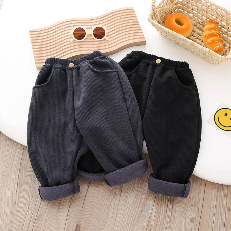 Pantalones informales de pana para niños, pantalones acolchados de lana con parches de Color sólido para invierno de 2 a 7T, pantalones cálidos y gruesos para niños - imagen 2