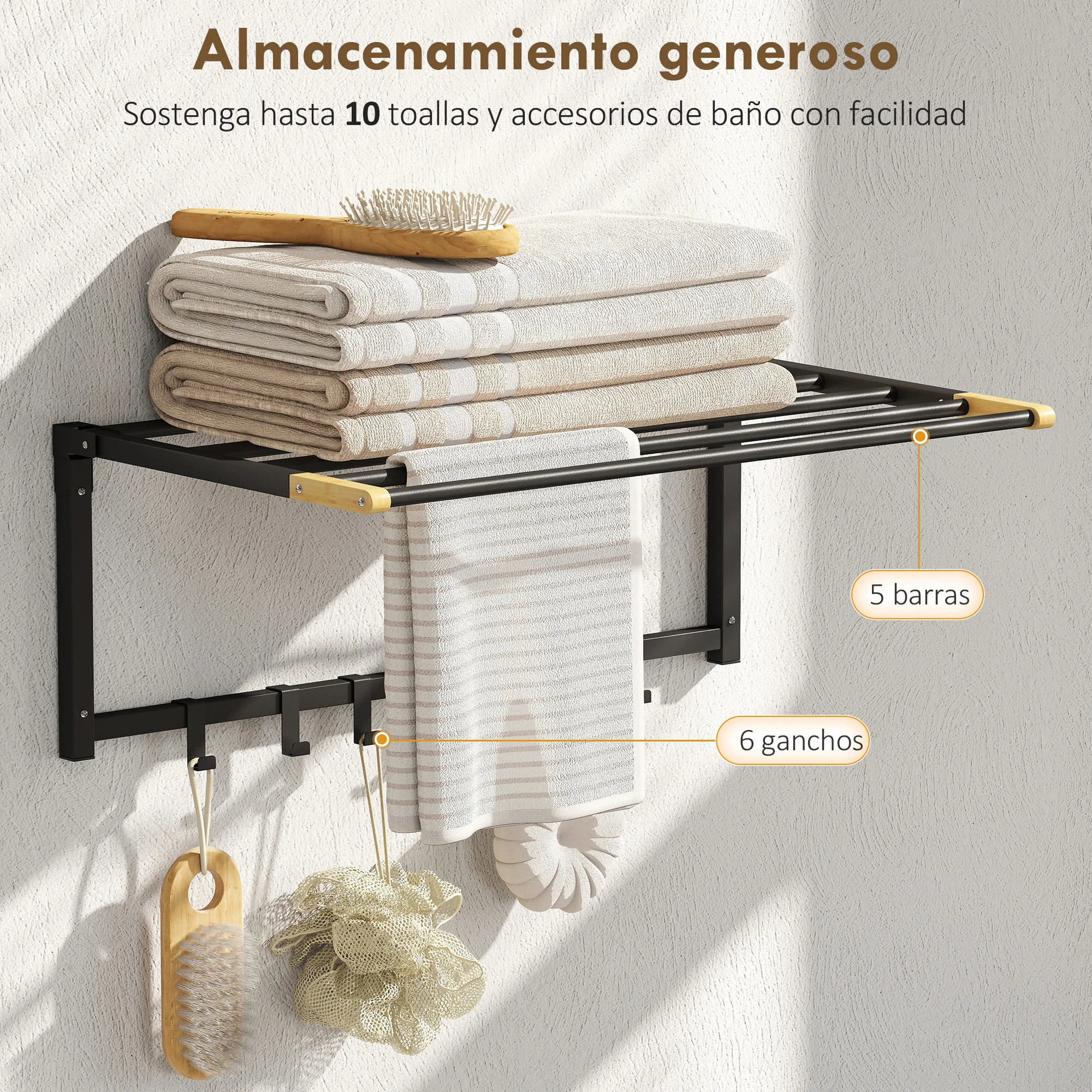HOMCOM Toallero de Baño de Pared, Toallero Plegable con 5 Barras y 6 Ganchos, para Toallas, Baño, 60 cm, Negro - imagen 4
