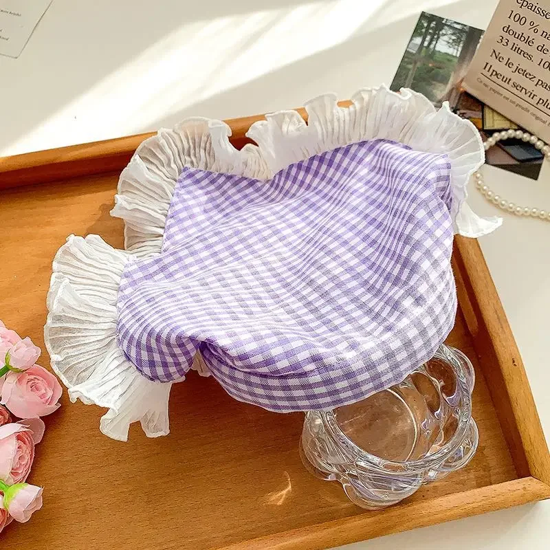 Pañuelo para la cabeza de princesa con volantes a cuadros de colores para niños coreanos, diadema antideslizante con borde de encaje, bufanda triangular, diadema para niñas y bebés, horquilla - imagen 5