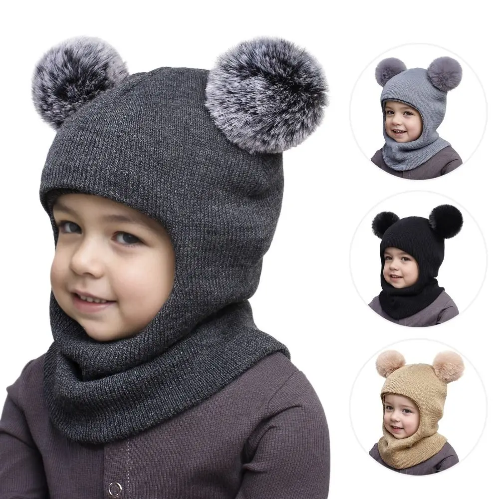 Gorro de lana con pompón para protección de los oídos para niños y niñas, gorros de pasamontañas para otoño e invierno, gorro de una sola pieza con bolas dobles, bufanda - imagen 2