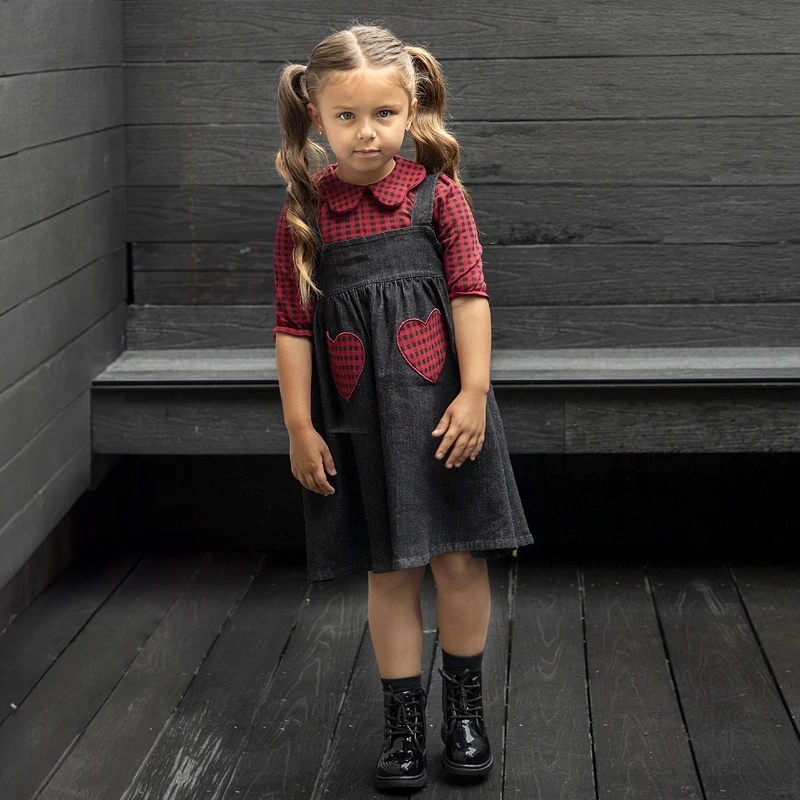 Conjunto vaquero para niña Ali-Plus – Estilo otoño con cuadros rojos - imagen 4