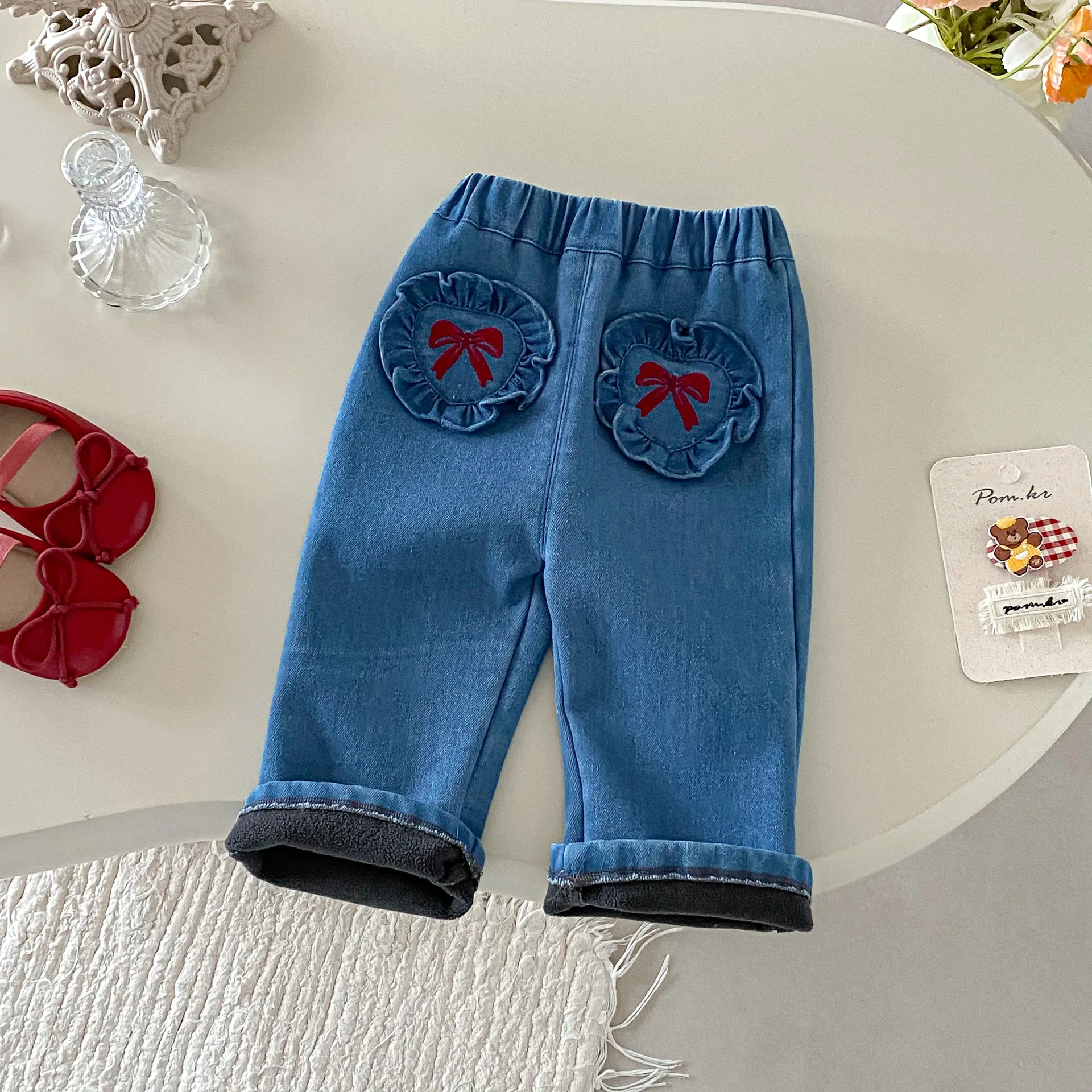 1-5 Y pantalones vaqueros de invierno para niñas, pantalones vaqueros con bordado de lazo para niños, pantalones ajustados para niñas, pantalones con forro de piel