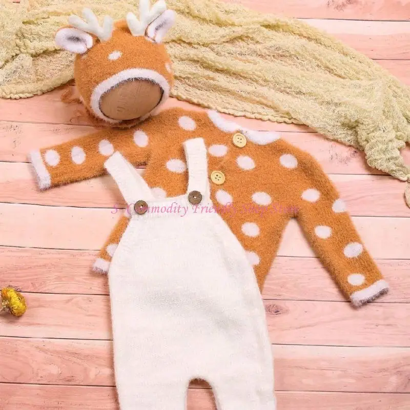 Precioso traje para fotografía recién nacido 85AE, pantalones con tirantes y cierre botones, tocado asta y suéter - imagen 3