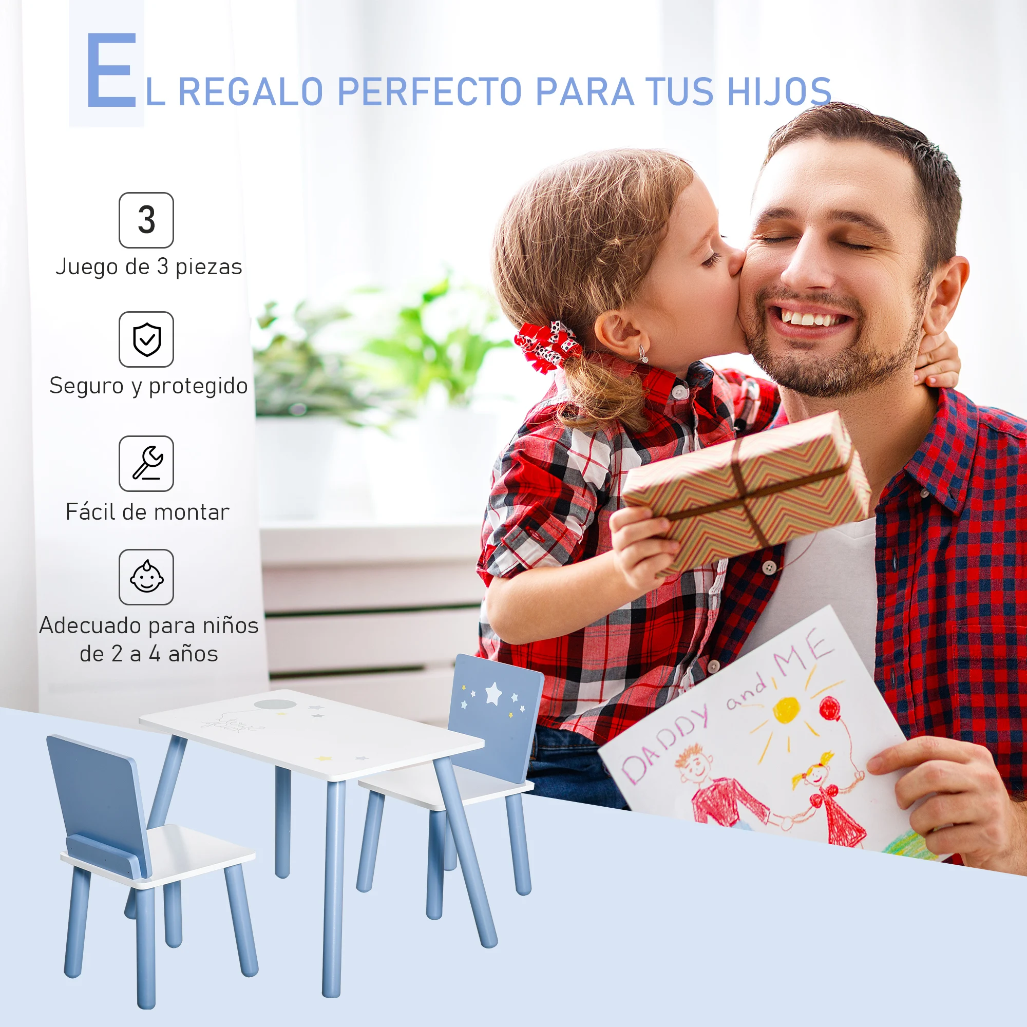 HOMCOM Juego de Mesa Infantil y 2 Sillas de Madera Mesa con Sillas para Niños de 2-4 Años Mesa 60x40x43 cm y Sillas 28x26x48 cm para Dormitorio Sala Blanco y Azul - imagen 5