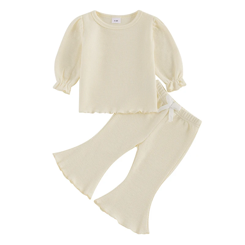 Conjunto niña camisa gofre manga larga y pantalón acampanado