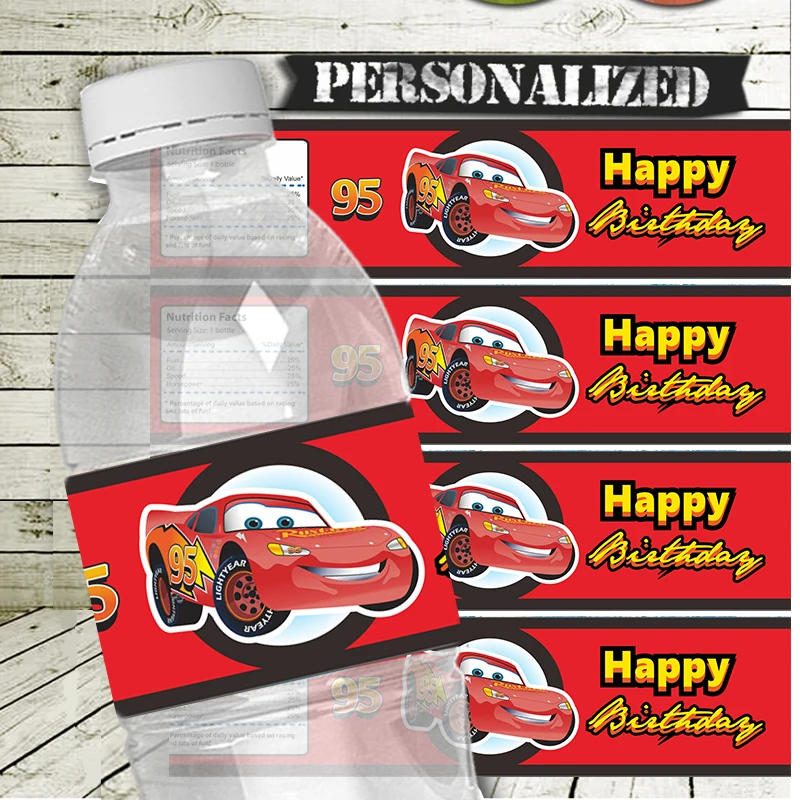 6 uds Pixar Cars Lightning McQueen envolturas para botellas de agua etiquetas etiquetas de feliz cumpleaños pegatinas decoración de fiesta de feliz cumpleaños para niños
