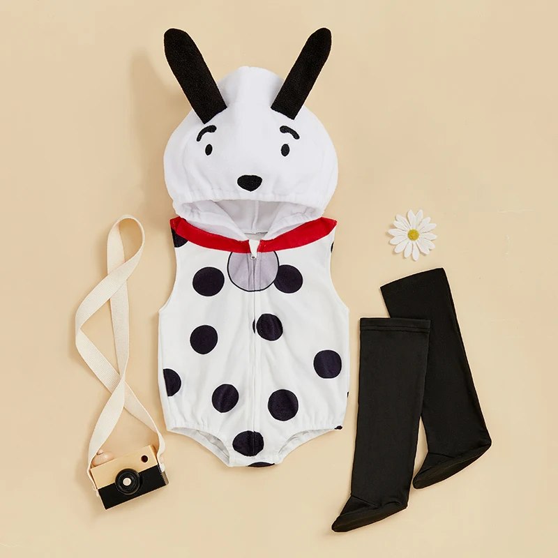 SUNSIOM Disfraz de cosplay para bebé de 0 a 18 meses, pelele sin mangas con capucha y puntos con cremallera y calcetines, traje de Halloween