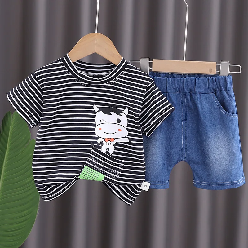Nuevo conjunto de ropa de verano para bebés, ropa para niños, camiseta a rayas, pantalones cortos, 2 unids/set, disfraz informal de algodón para niños, chándales para niños - imagen 2