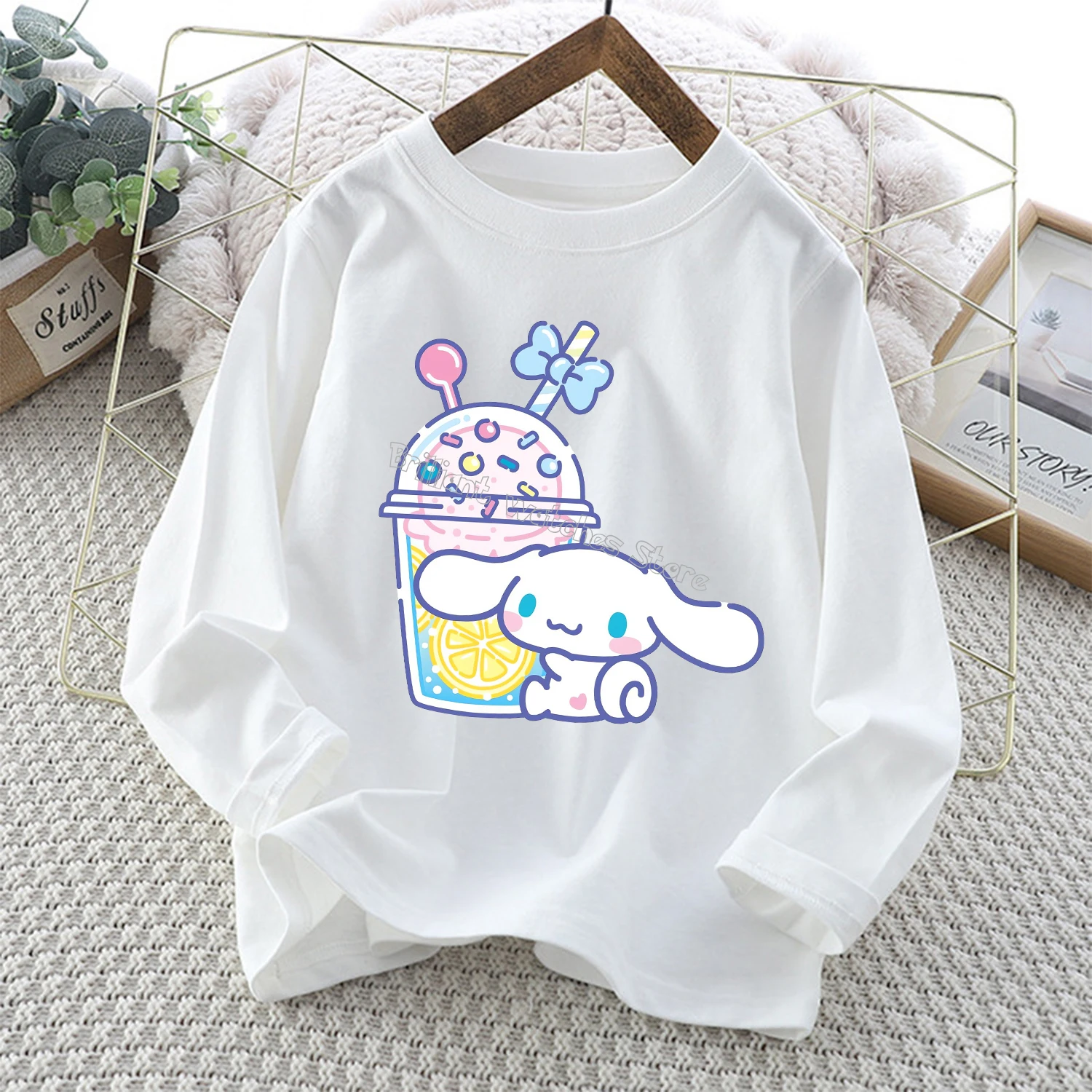 Cinnamoroll-Top de manga larga para niños, camiseta de Anime de dibujos animados, ropa informal blanca nueva, blusa, ropa de moda para niños, regalo - imagen 3