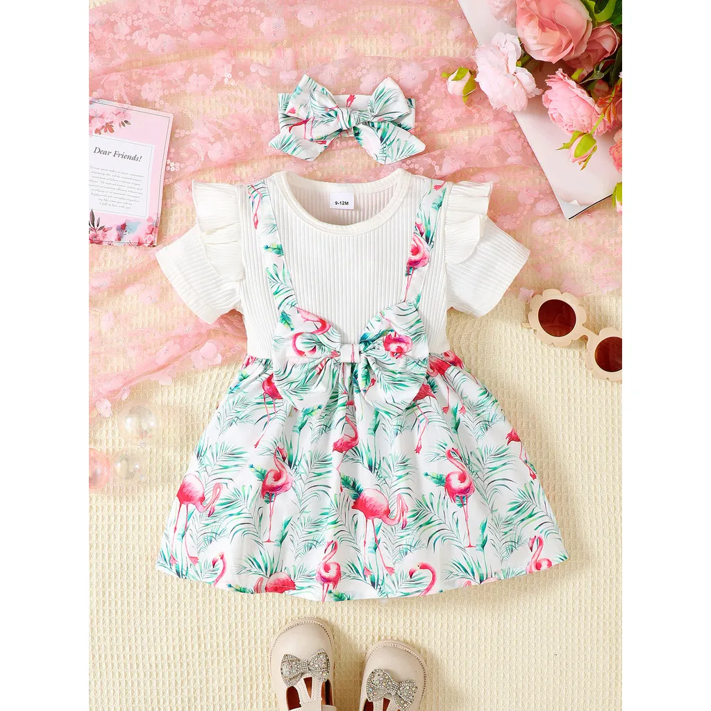 Vestido de verano para niña pequeña, 2 uds., manga corta, estampado de flamenco con lazo, diadema, ropa diaria para niña de 0 a 3 años