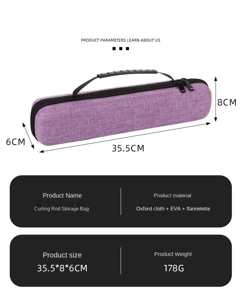 Vista frontal del estuche organizador impermeable para alisador y rizador
