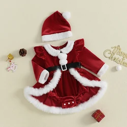VISgogo Vestido mameluco navideño para niñas, monos de manga larga con retazos de felpa y lindo conjunto de gorro de Papá Noel para trajes para niños pequeños