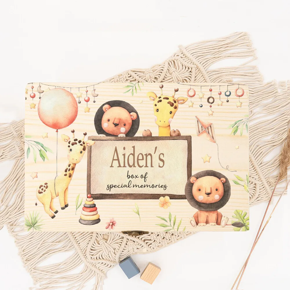 Caja de recuerdos de madera personalizada, caja de memoria con nombre personalizado para chico, caja de madera con patrón de animales bonitos, regalos de cumpleaños y vacaciones para niño - imagen 5