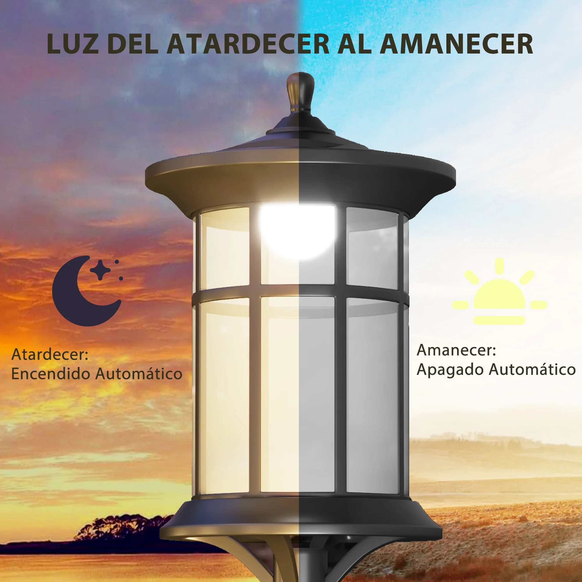 Outsunny 2 Farolas Solares Exterior Luces Solares Exterior con Panel Solar Encendido Automático y Marco de Acero Inoxidable Impermeable IP44 para Terraza Patio 23,5x23,5x184 cm Negro - imagen 5