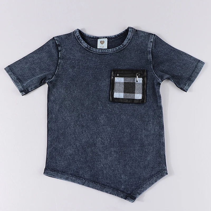 Camiseta de manga corta para niño y niña, ropa de mezclilla azul irregular, camisa negra con bolsillo con cremallera, verano, 2022 - imagen 2