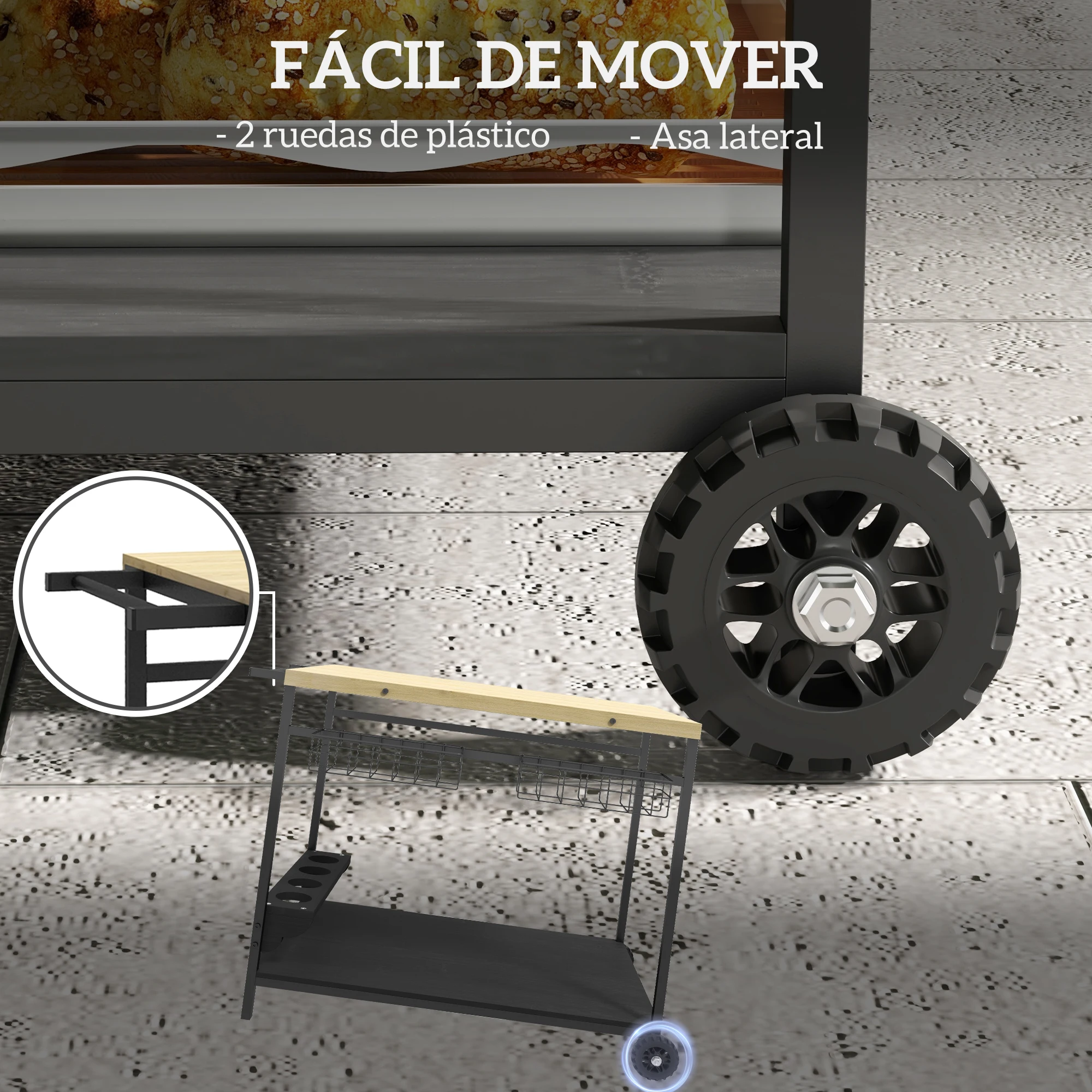 Outsunny Camarera con Ruedas de Madera Carro de Servicio con 2 Estantes 2 Cestas Metálicas y Soportes para Botellas para Jardín Terraza Patio 97,5x65x81 cm Natural y Negro - imagen 4