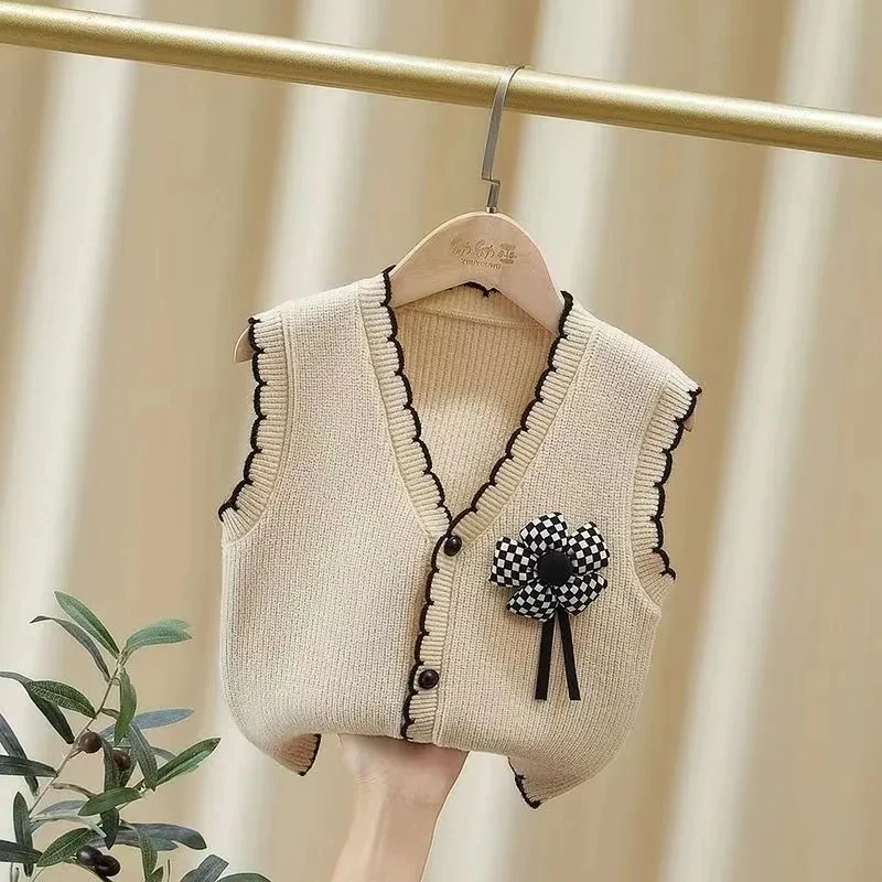 Cárdigan de punto a la moda con cuello en V para niñas, chaleco tejido para bebés, suéter sin mangas de un solo pecho para primavera y otoño