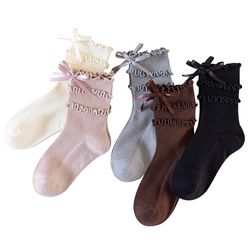 Calcetines cortos con borde enrollado para invierno y otoño, bonitos calcetines de princesa con borde de oreja de madera para niñas, calcetines cortos con lazo para estudiantes - imagen 5