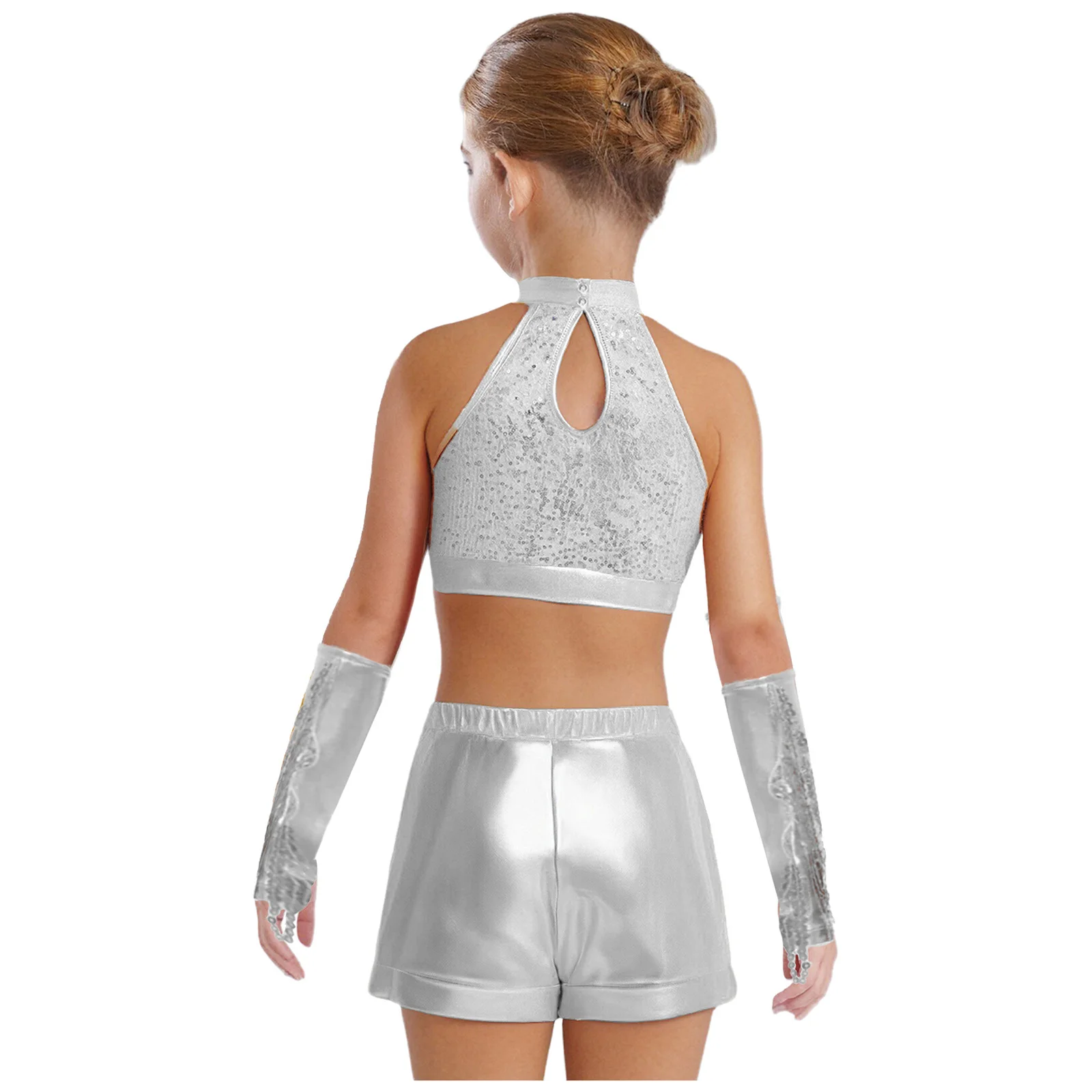 Traje jazz hip hop con lentejuelas metálicas y borlas para niña - imagen 3