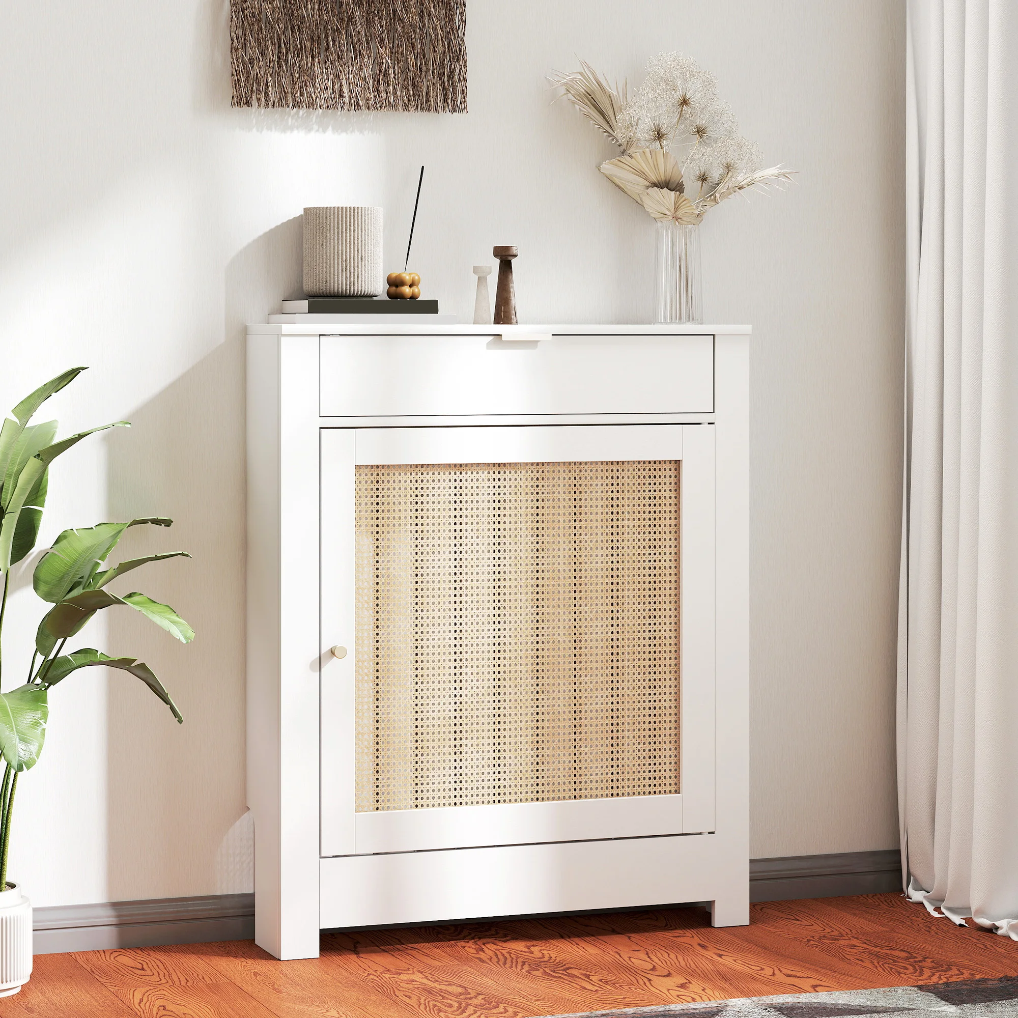 HOMCOM Cubre Radiadores con Puertas Abatible y Ratán, Cubreradiador de MDF, Cubierta para Radiador, Compartimento, Diseño Bohemio, para Salón, Dormitorio, Blanco - imagen 2