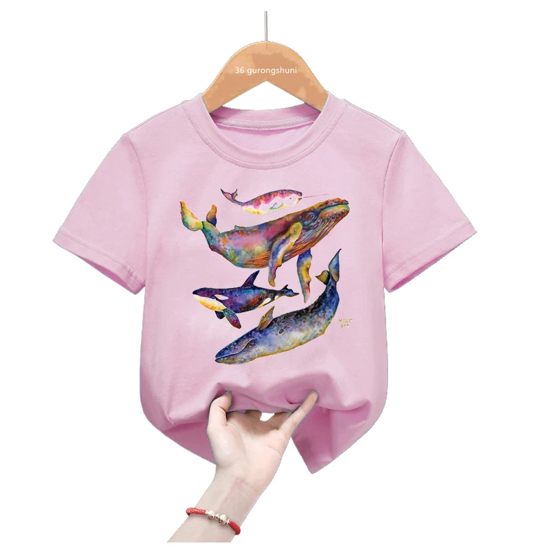 Camiseta con estampado de delfín de acuarela para niñas y niños, ropa divertida para niños, camiseta blanca/Rosa/azul/gris, Tops de moda de verano - imagen 3