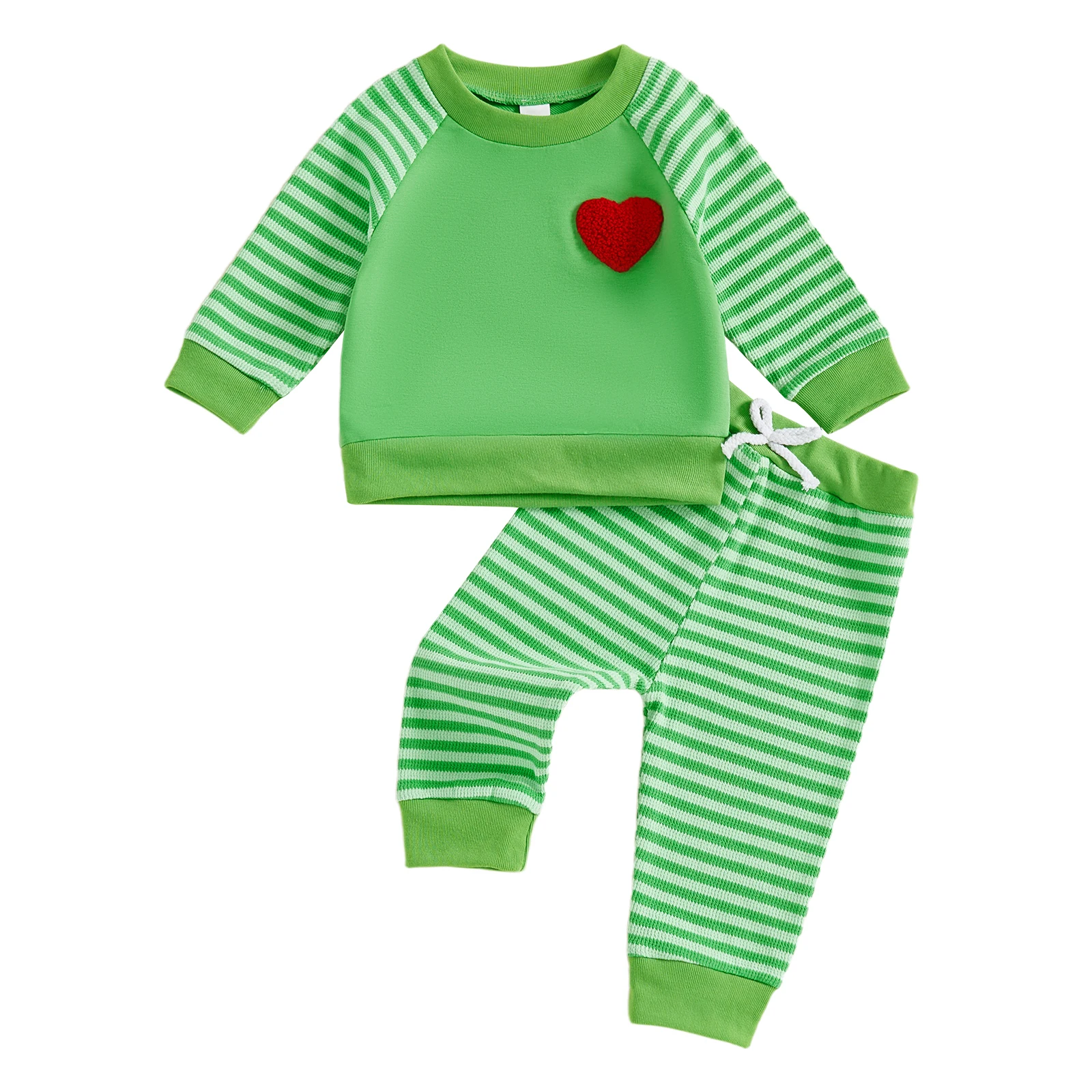 SUNSIOM Conjunto de Navidad para niño y niña con bordado de corazón, jersey de manga larga con cuello redondo + pantalones a rayas con cintura elástica, 2 piezas