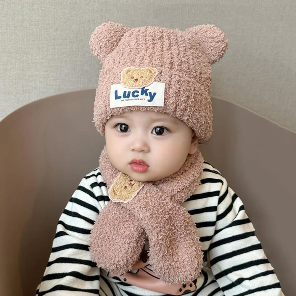 Gorro integrado con bufanda de felpa de oso para niños, gorro para bebé de otoño e invierno, conjunto de dos piezas con gorro cálido de terciopelo con protección para los oídos