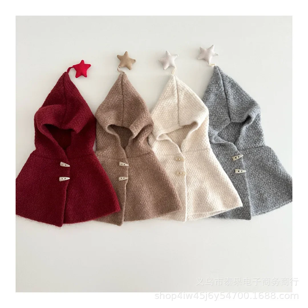 Gorro con estampado de estrellas para bebé, gorro y chal 2 en 1 con botón de cuerno Vintage, capa de protección contra el frío para invierno y exteriores - imagen 3