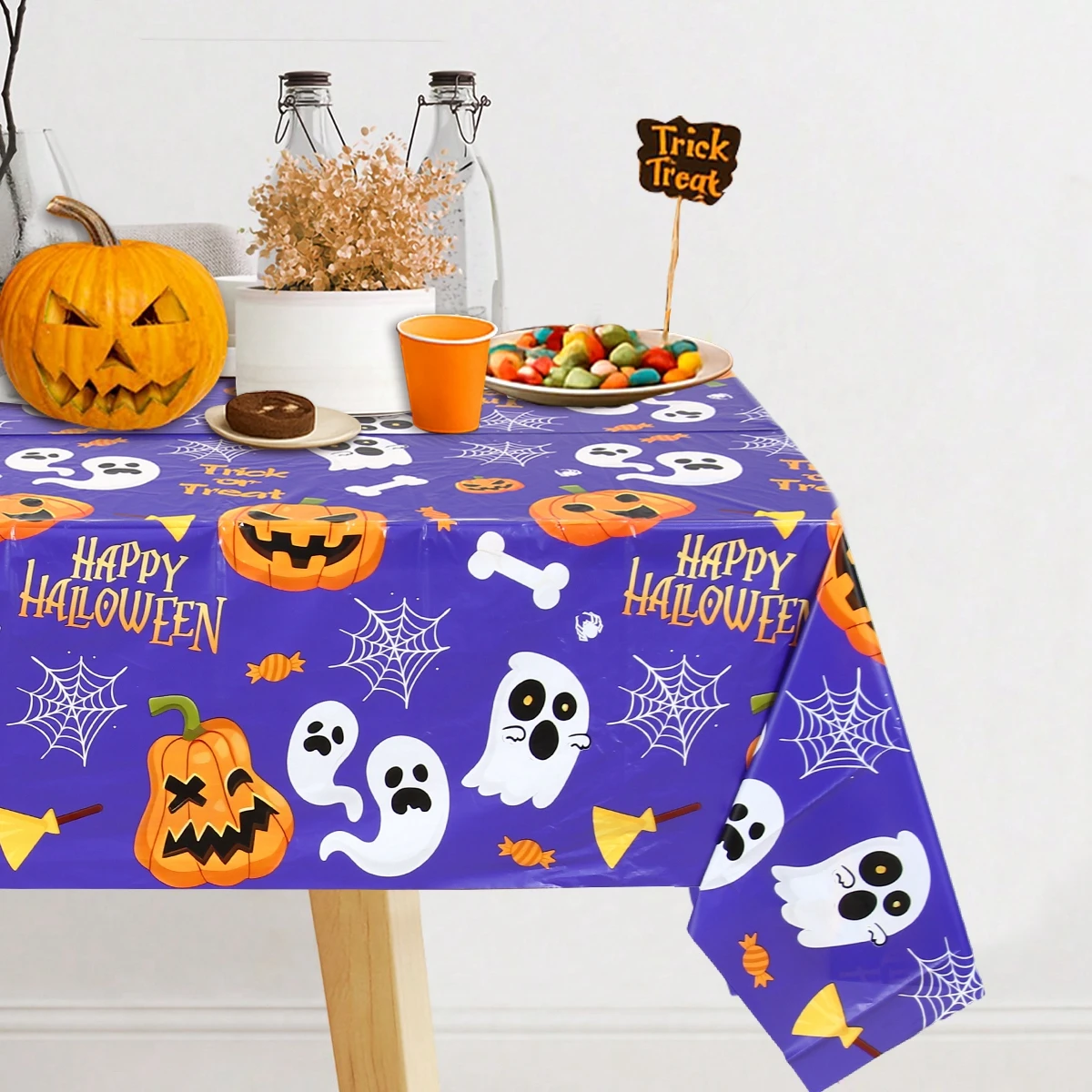 Mantel de murciélago espeluznante de calabaza de Halloween, cubierta de mesa de Halloween, suministros para fiestas de otoño, manteles impresos, suministros para fiestas y festivales - imagen 2