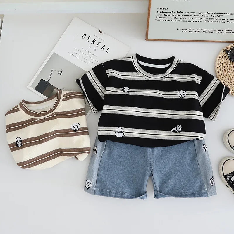 Conjunto veraniego bebé: tops algodón panda a rayas y shorts vaqueros - imagen 5
