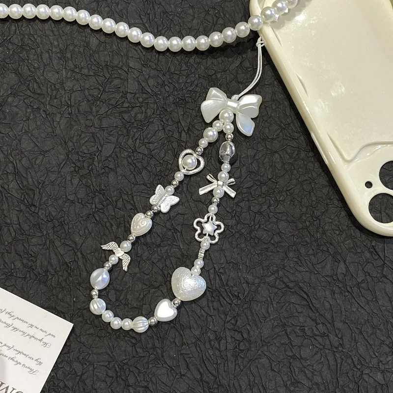 INS coreano lindo lazo blanco corazón cuentas de perlas cadena de teléfono con cuentas para cámara iPhone cuerda colgante cordón antipérdida colgante - imagen 3