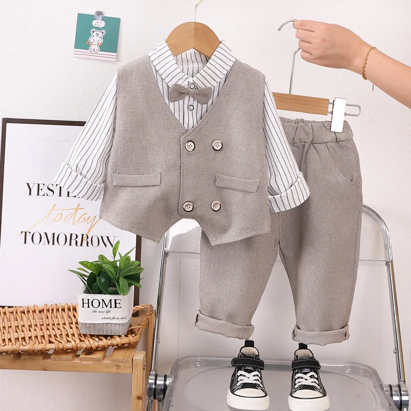 Conjunto de ropa de bebé de moda de primavera y otoño, chaleco para niños, camisa, pantalones, 3 unids/set, ropa para niños, disfraz infantil, chándales para niños pequeños - imagen 2