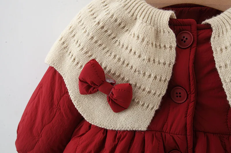 Parkas de invierno para niños de 1 a 4 años, ropa gruesa con forro, chaqueta de piel, forro cálido, Parkas rojas para niñas, traje decorativo con lazo - imagen 3