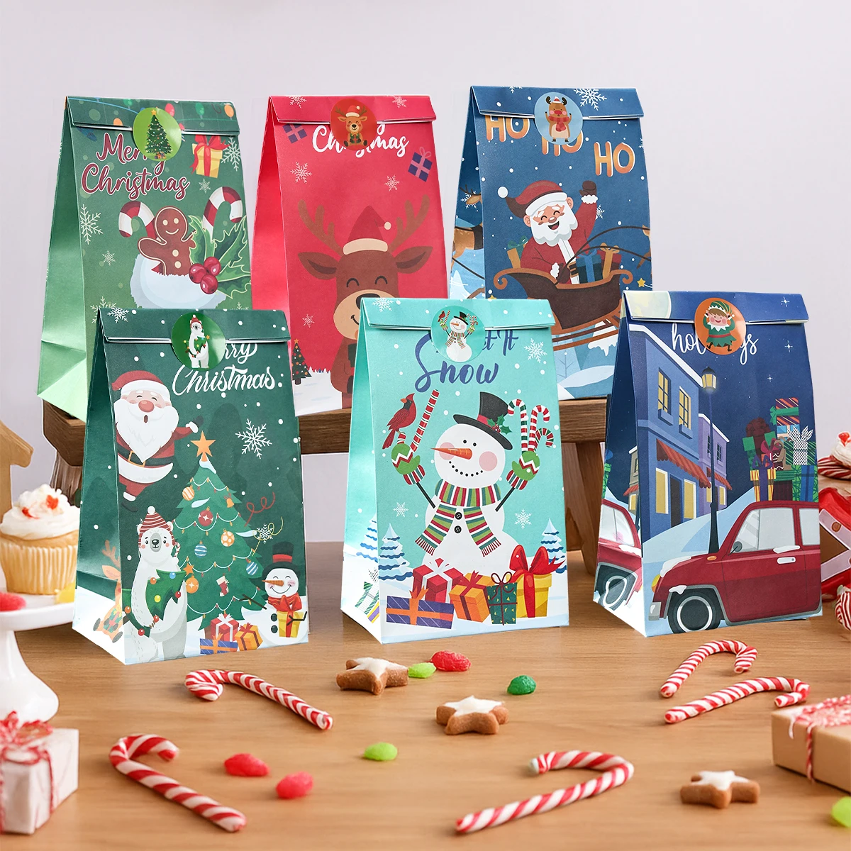 12 unidades de bolsas de regalo de papel de Navidad con pegatinas decoraciones navideñas para el hogar 2025 Navidad Navidad Noel regalos Año Nuevo bolsa de embalaje - imagen 3