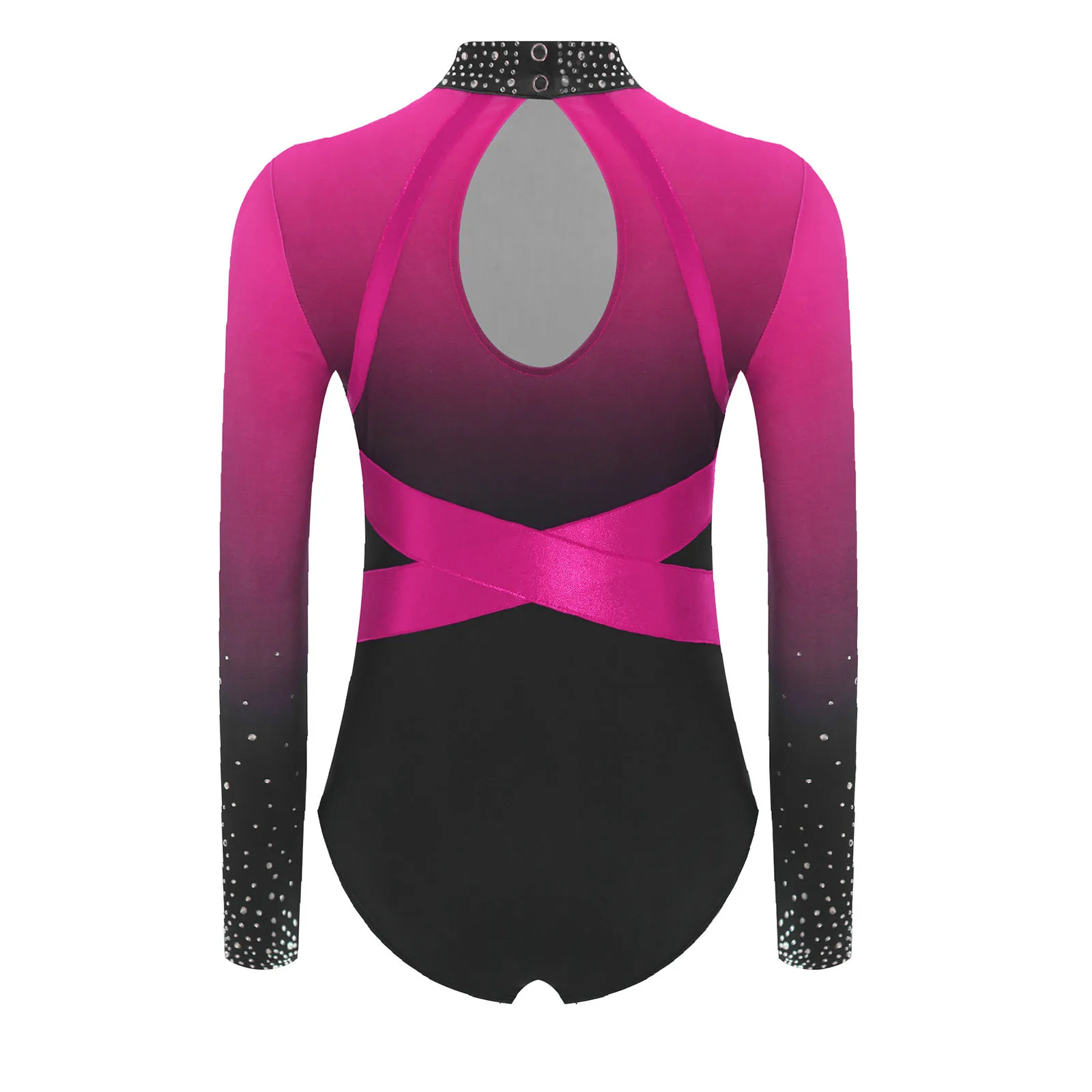 Leotardo de gimnasia de Ballet para niñas, bloque de Color, diamantes de imitación brillantes, mono de manga larga con diamantes de imitación, disfraz de bailarina de salón - imagen 3