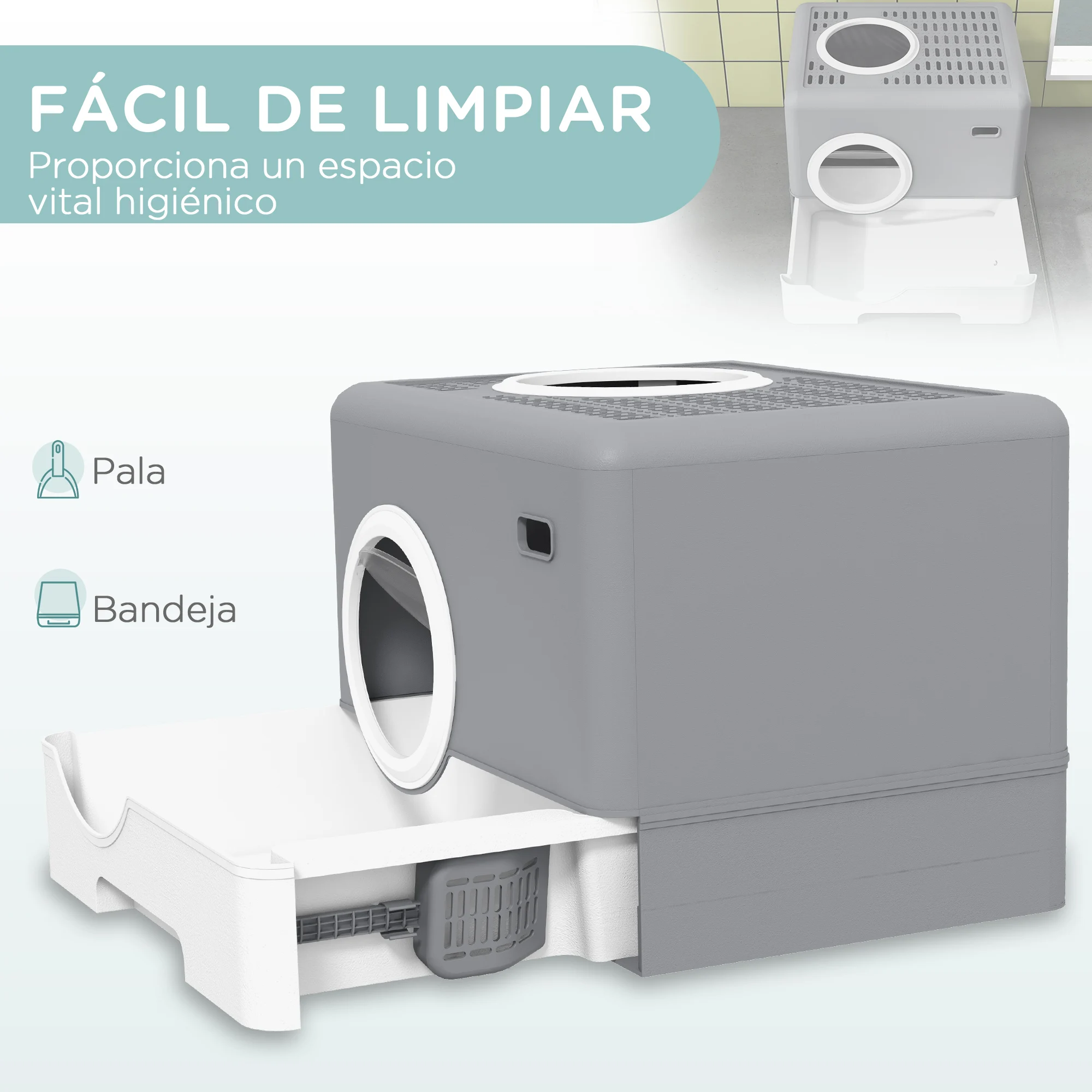 PawHut Arenero para Gatos Cubierto, Caja de Arena para Gatos con Bandeja Extraíble, Entrada Frontal y Salida Superior, Pala, Fácil de Limpiar, Antifugas - imagen 5