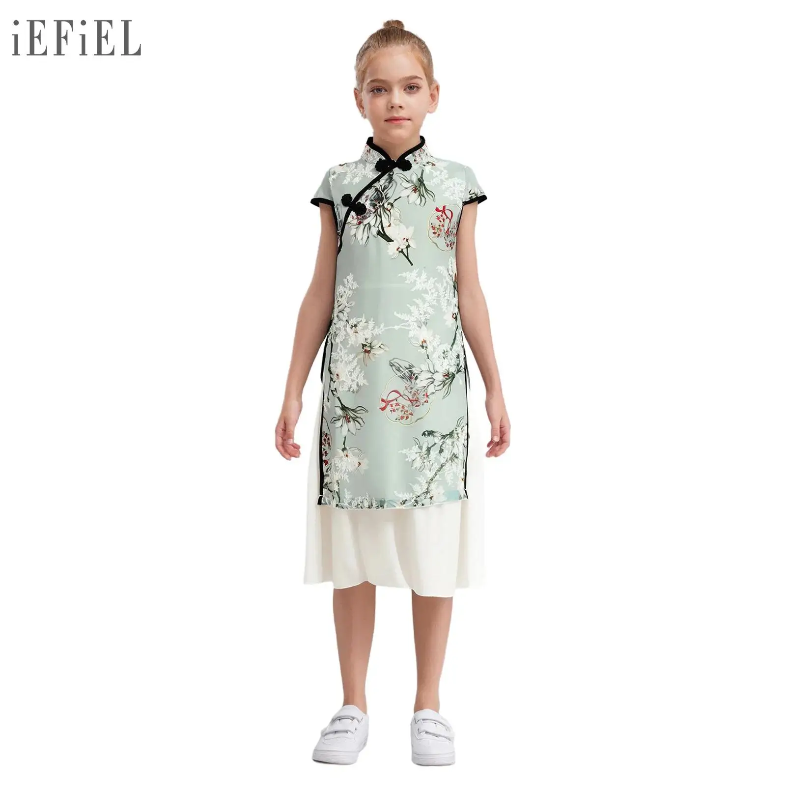 Cheongsam con estampado Floral bordado para niñas, cuello mandarín, mangas casquillo, nudo, botón, lados, vestido dividido, traje tradicional chino