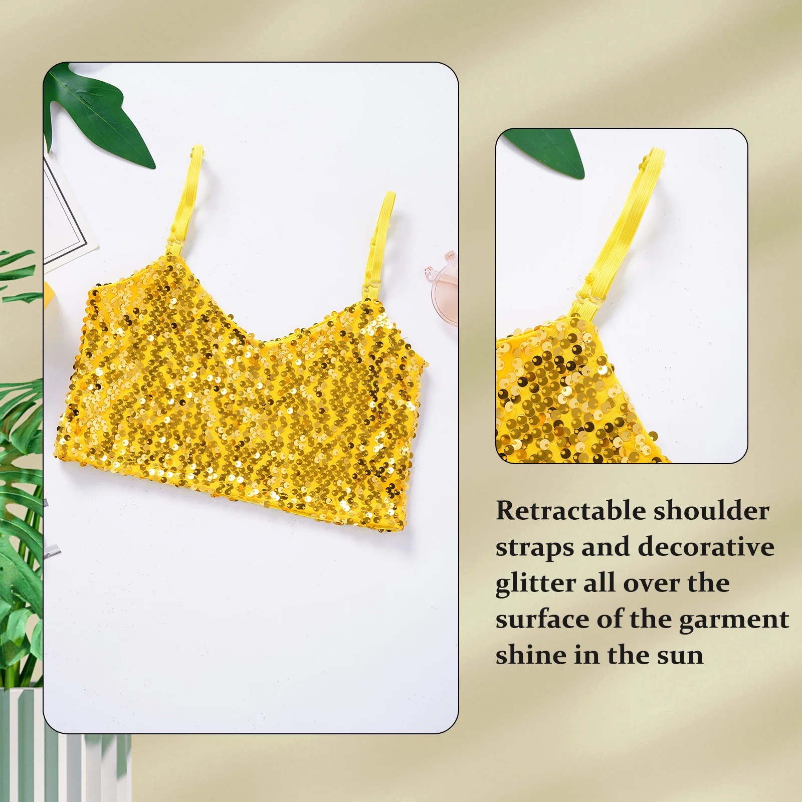 Top corto de lentejuelas brillantes para niñas, sin mangas, escote en V, tirantes finos ajustables, camisetas sin mangas para baile de Jazz latino - imagen 5