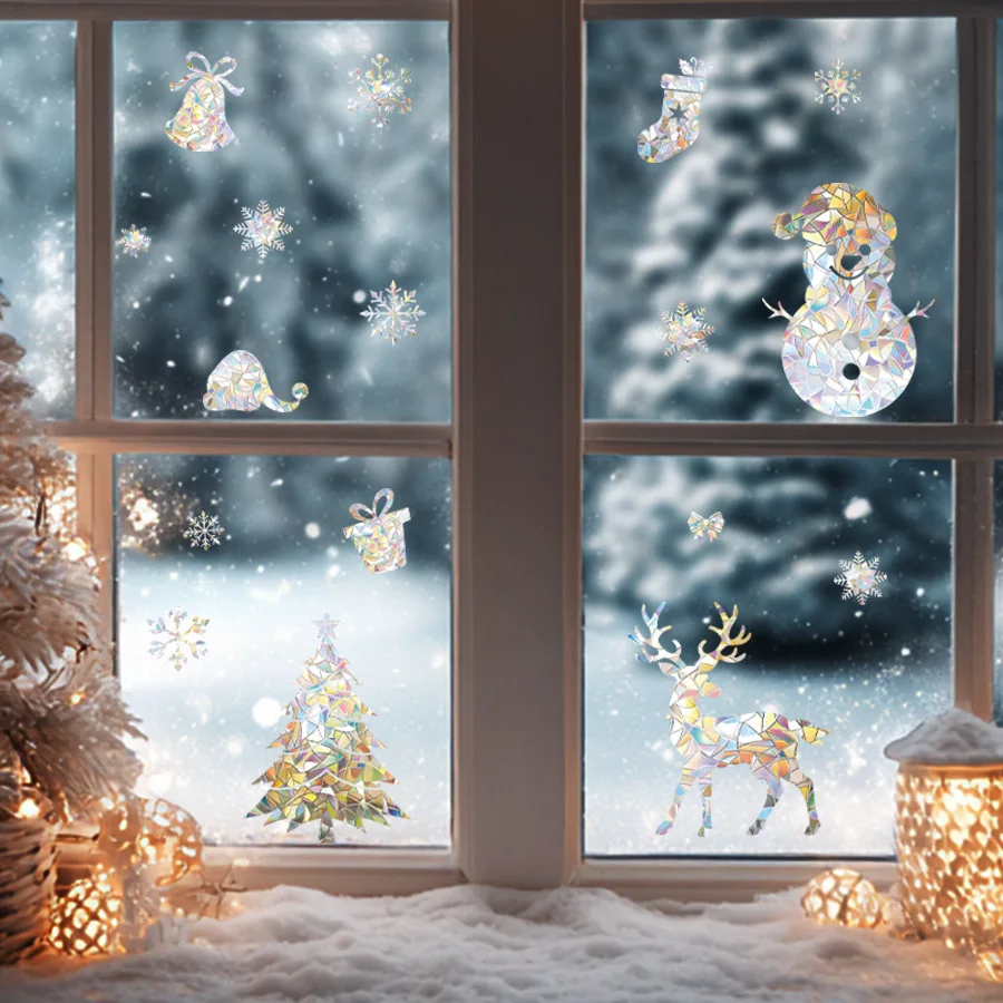 Pegatinas navideñas para ventana, deslumbrantes pegatinas electrostáticas para ventana, prisma de arcoíris, copo de nieve, muñeco de nieve, pegatinas para ventana de vidrio - imagen 2