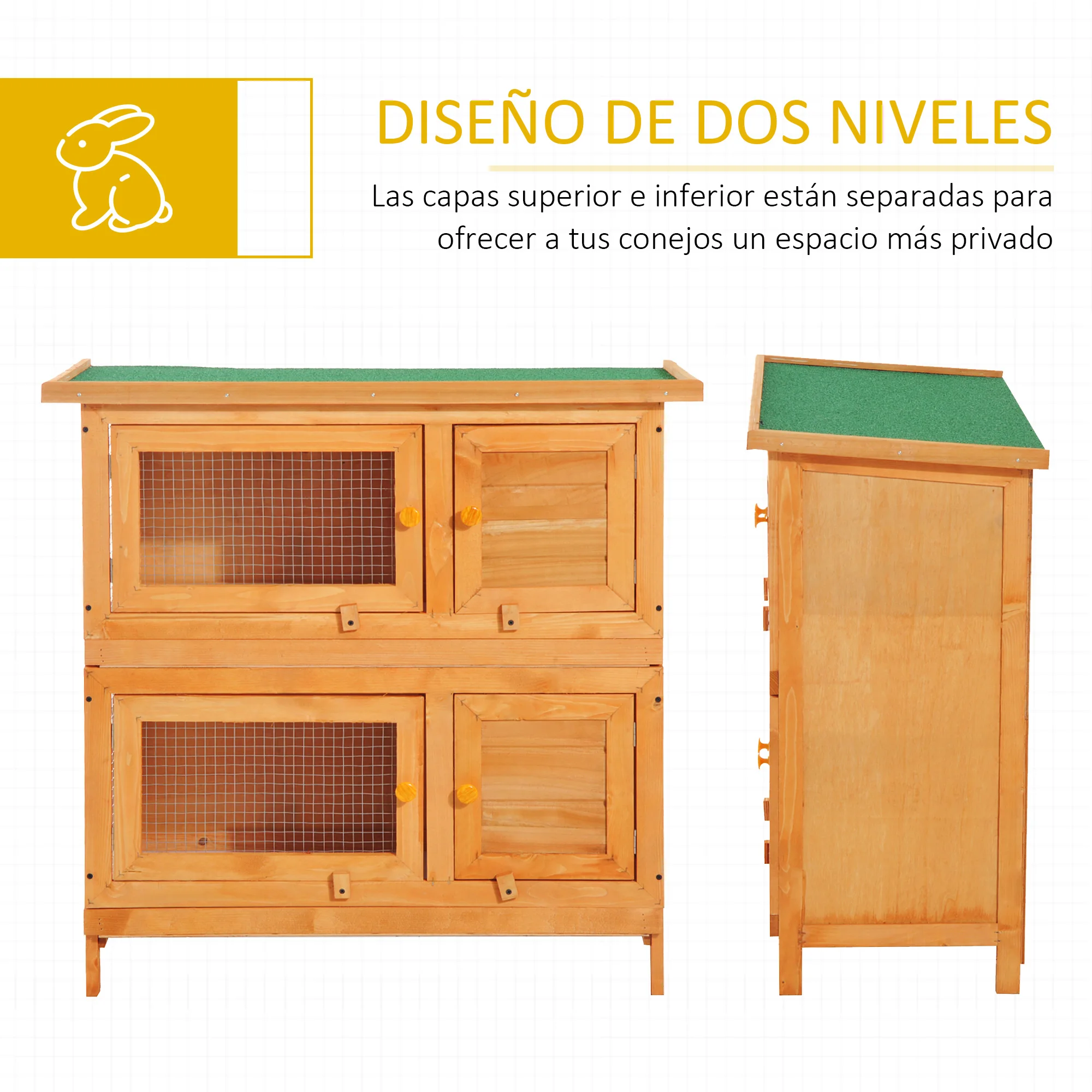 PawHut Conejera de Madera Exterior de 2 Niveles Jaula para 1-2 Conejos Mascotas Pequeñas con Techo Asfáltico Abrible y 2 Bandejas Extraíbles 90x45x90 cm Madera Natural - imagen 4