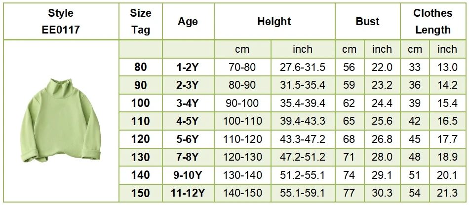 Tabla de tallas para camisetas infantiles