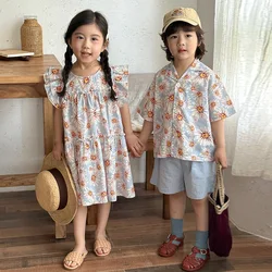 Conjuntos a juego de verano para niños y niñas, camisa cómoda de algodón, pantalones cortos, vestido Floral acampanado sin mangas, traje para hermanos