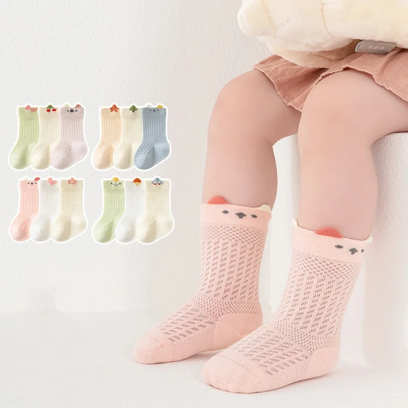 3 par/lote de calcetines cortos para recién nacidos de 0 a 5 años, bonitos accesorios de ropa infantil de malla de algodón fino de verano para bebés y niños - imagen 2