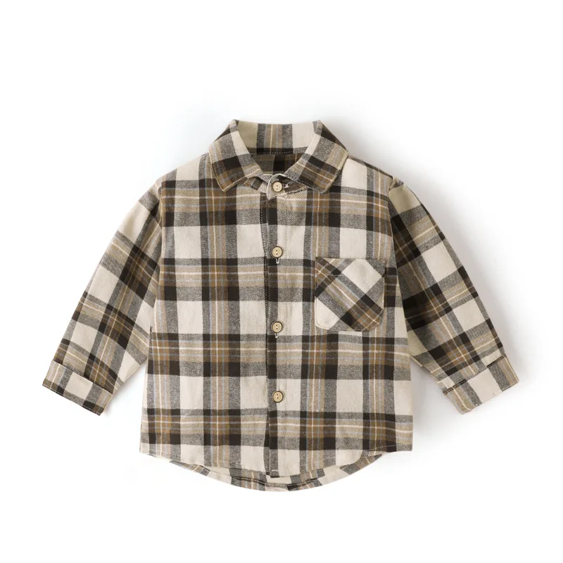 MILANCEL Camisa de algodón cepillado a cuadros para niños, informal, versátil, de manga larga, con cuello vuelto, capa Base Unisex, primavera - imagen 4