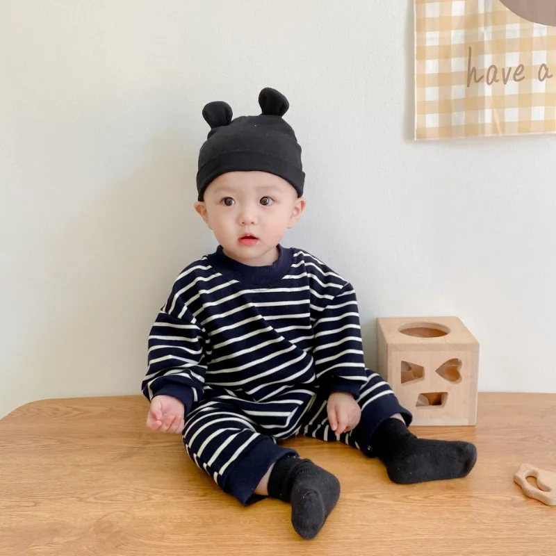 Pelele a rayas para bebé, mono informal de manga larga para primavera y otoño, mono de osito de estilo coreano para recién nacidos, ropa para niños y niñas - imagen 2