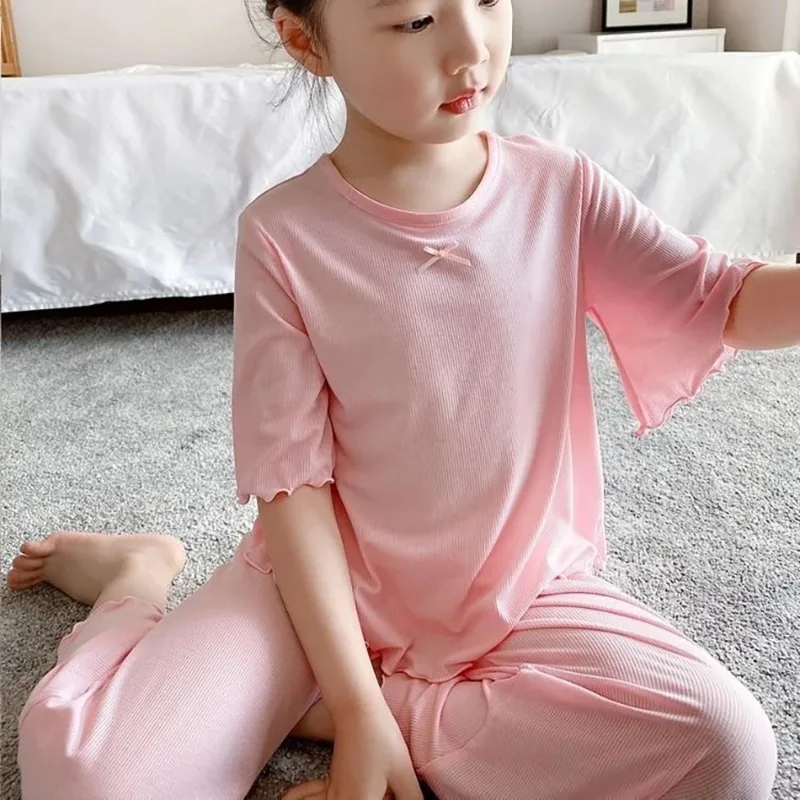 Pijama de seda de hielo para niñas – 2 piezas manga corta verano - imagen 3