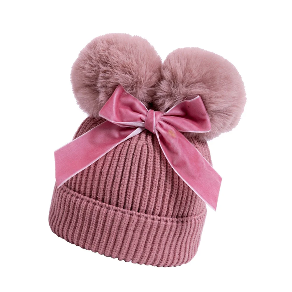 Gorro con lazo de dos tejidos para niños, gorro de ganchillo de invierno para niñas, accesorio fotográfico suave y cómodo, gorro cálido de invierno para niños - imagen 5