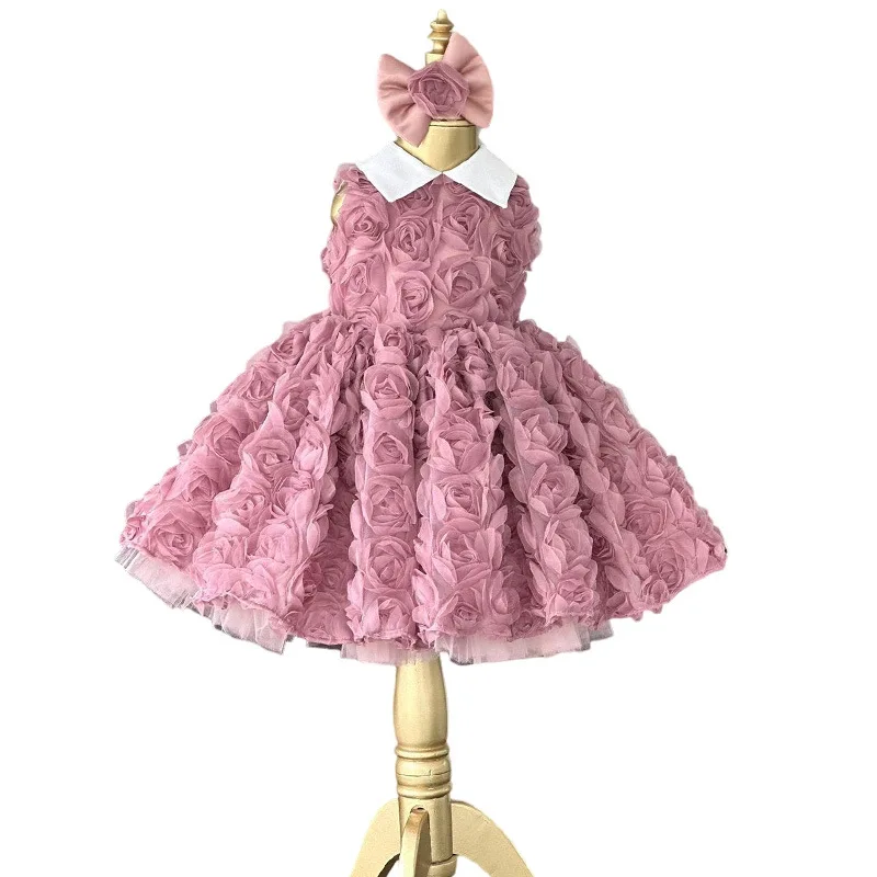 Vestido tutú con detalle de rosa para niñas pequeñas, vestido de princesa europea sin mangas para ocasiones especiales Vestido de Pascua de longitud media - imagen 5